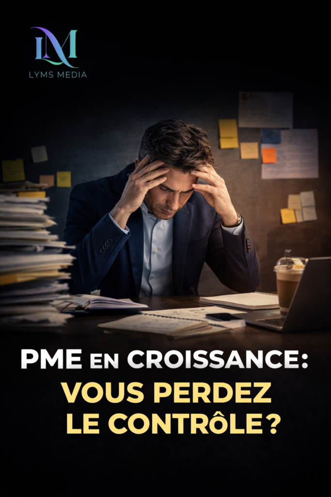 Dirigeant débordé dans une PME en croissance entouré de documents et de travail illustrant la perte de contrôle en entreprise